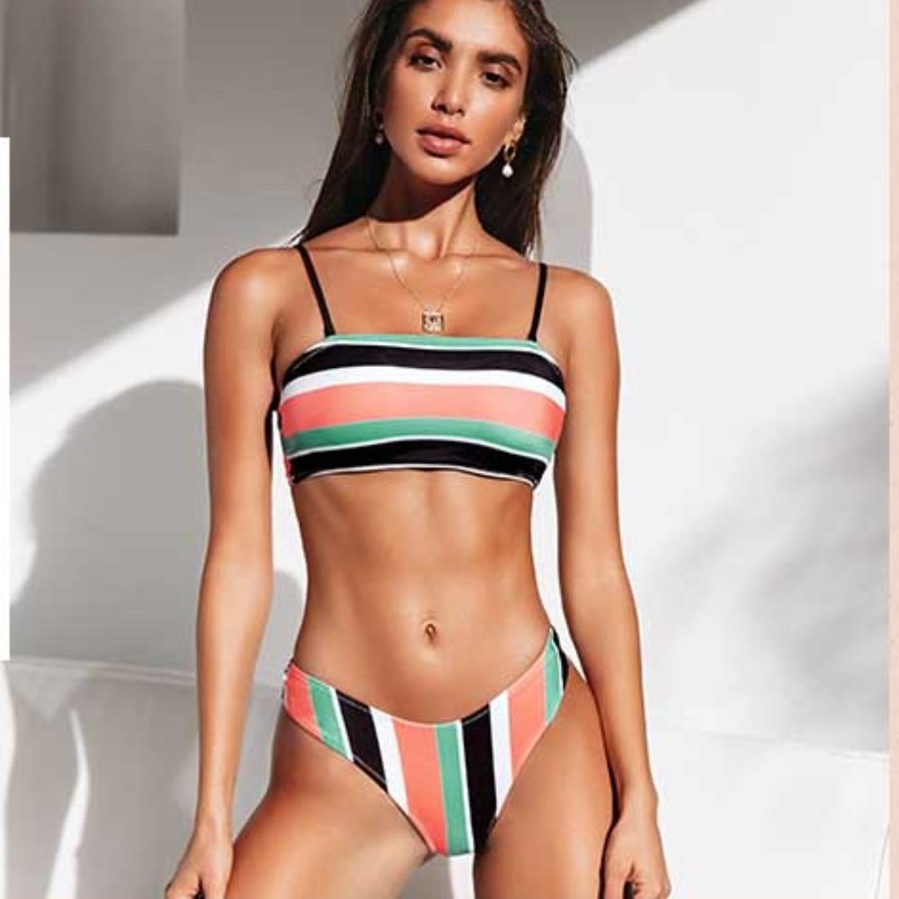 CUPSHE Women's Mid Rise Colorful Striped Bandeau High Leg Bikini Swimsuit Set